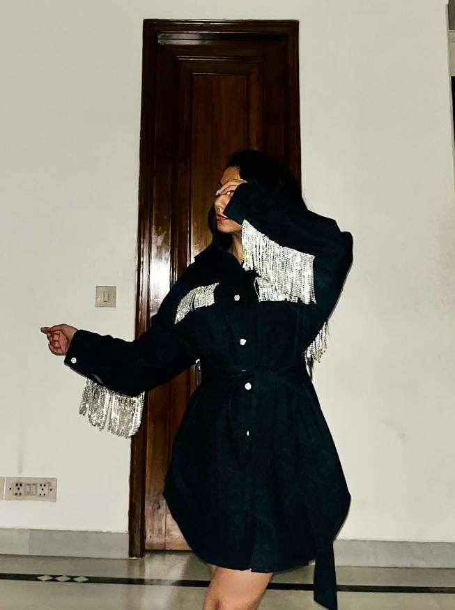 Such a Drama Black Denim Dress with Rhinestones